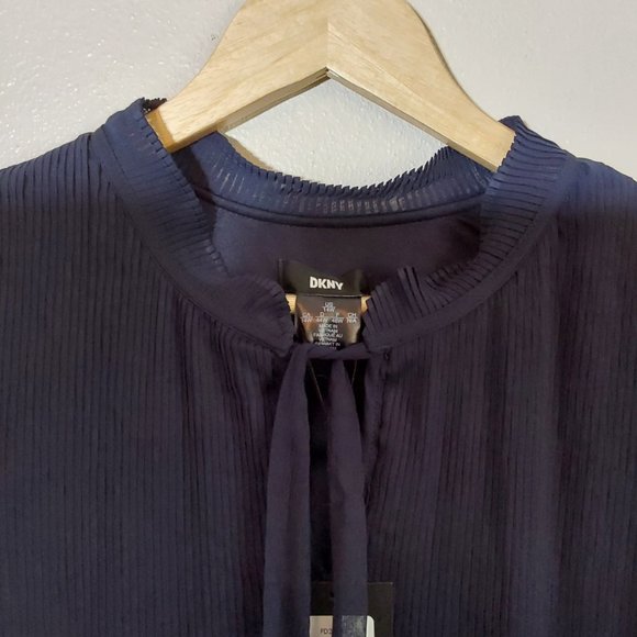 NWT! DKNY Long-Sleeve Tie-Neck Pleated Shift Dress Blue Georgette - 14W - Picture 9 of 13